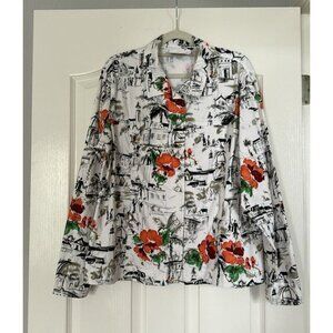 Susan Graver Style Womens Jacket White Floral Print Stretch Long Sleeve Large